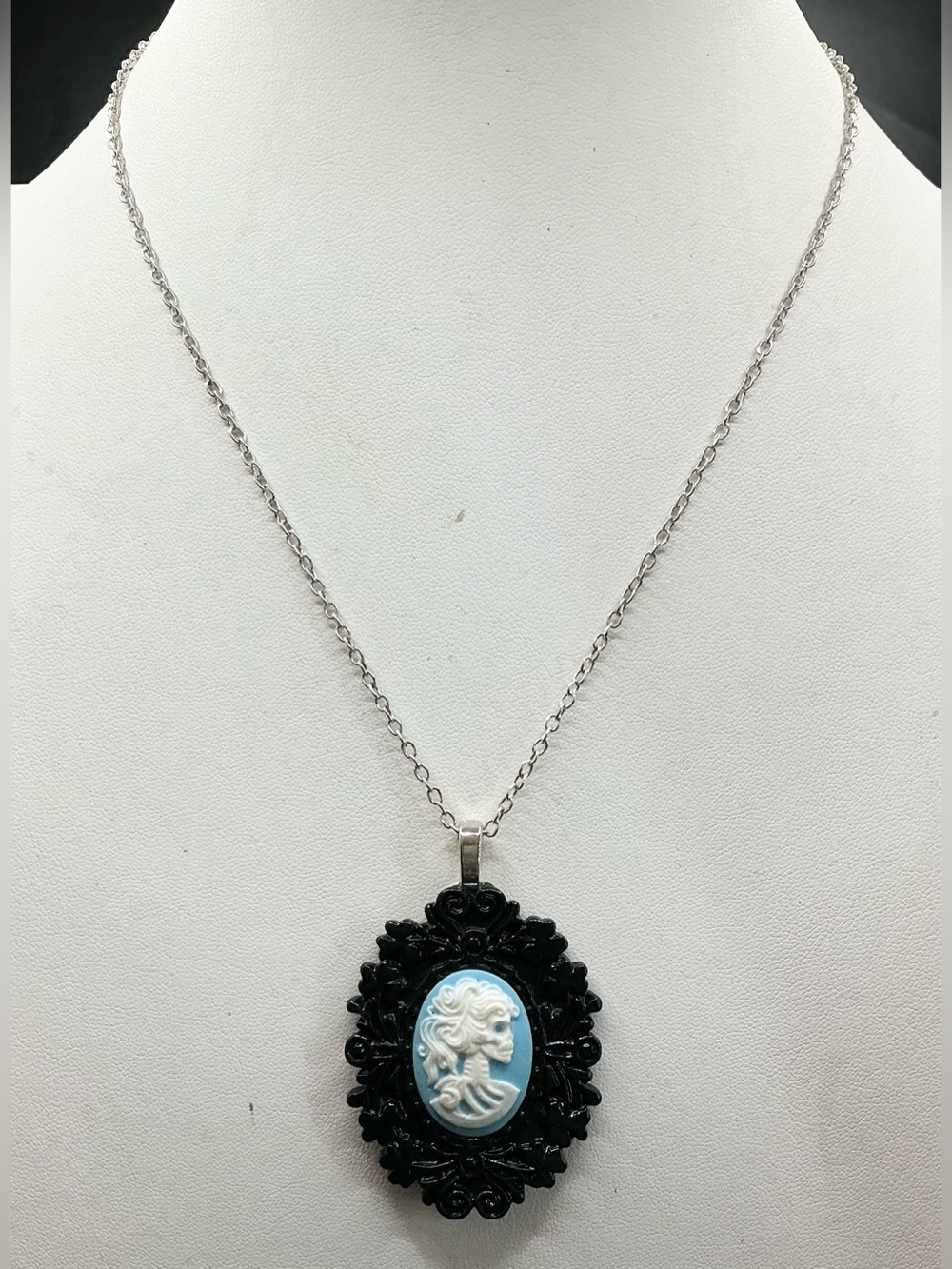 BLACK CAMEO PENDANT SKULL LADY  NECKLACE WITH BLUE ACCENT GIRLY GOTH